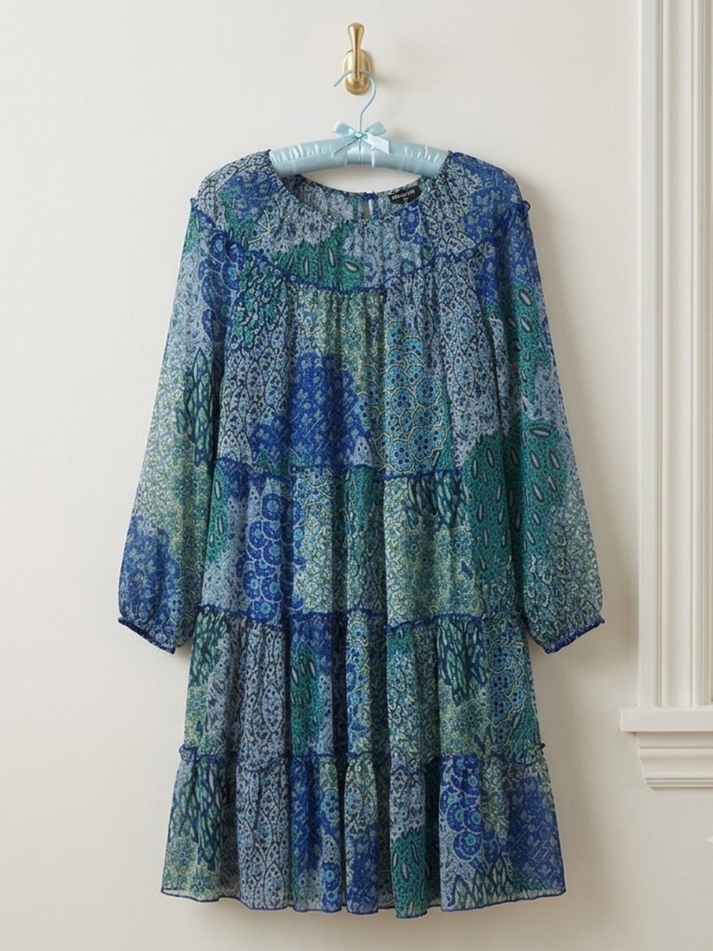 Kate & Lily Blue Green Mosaic Chiffon Dress Long Sleeve Tiered 14W